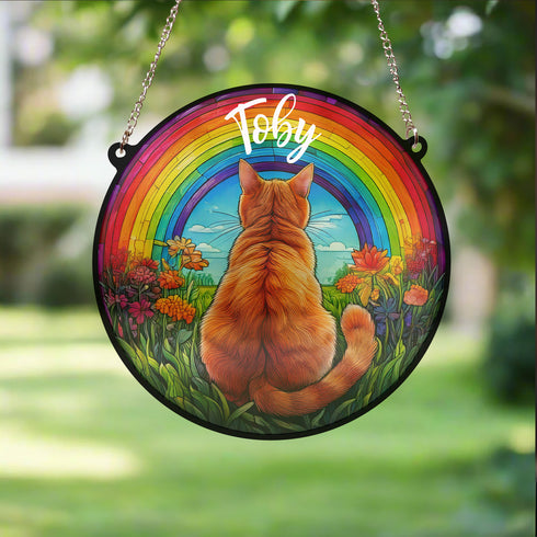 Ginger Cat Rainbow Bridge Personalised Stained Glass Effect Suncatcher